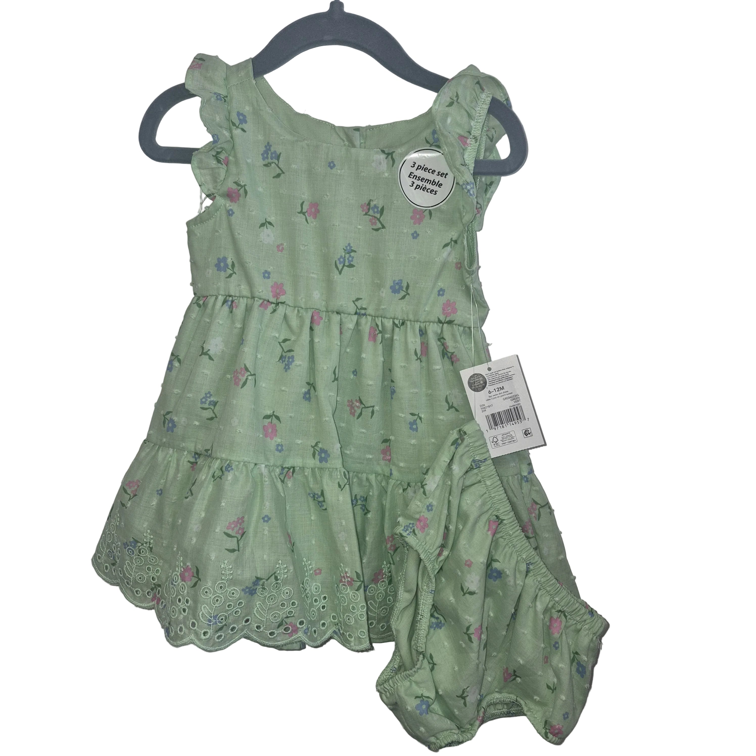 NWT Baby Girls Sage Green Floral Dress & Bloomers Set – 6-12 Months