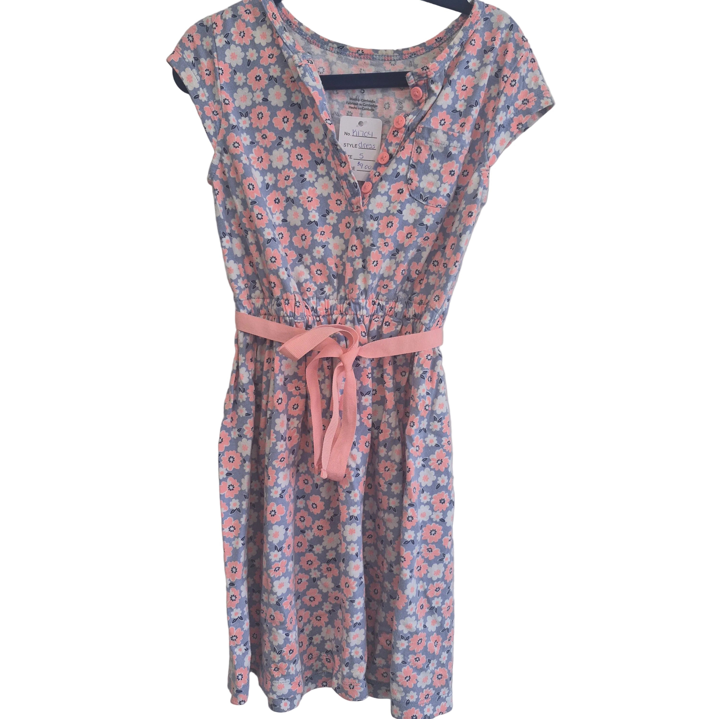 Carter's Floral Short Sleeve Dress with Pink Waist Tie - Size 5