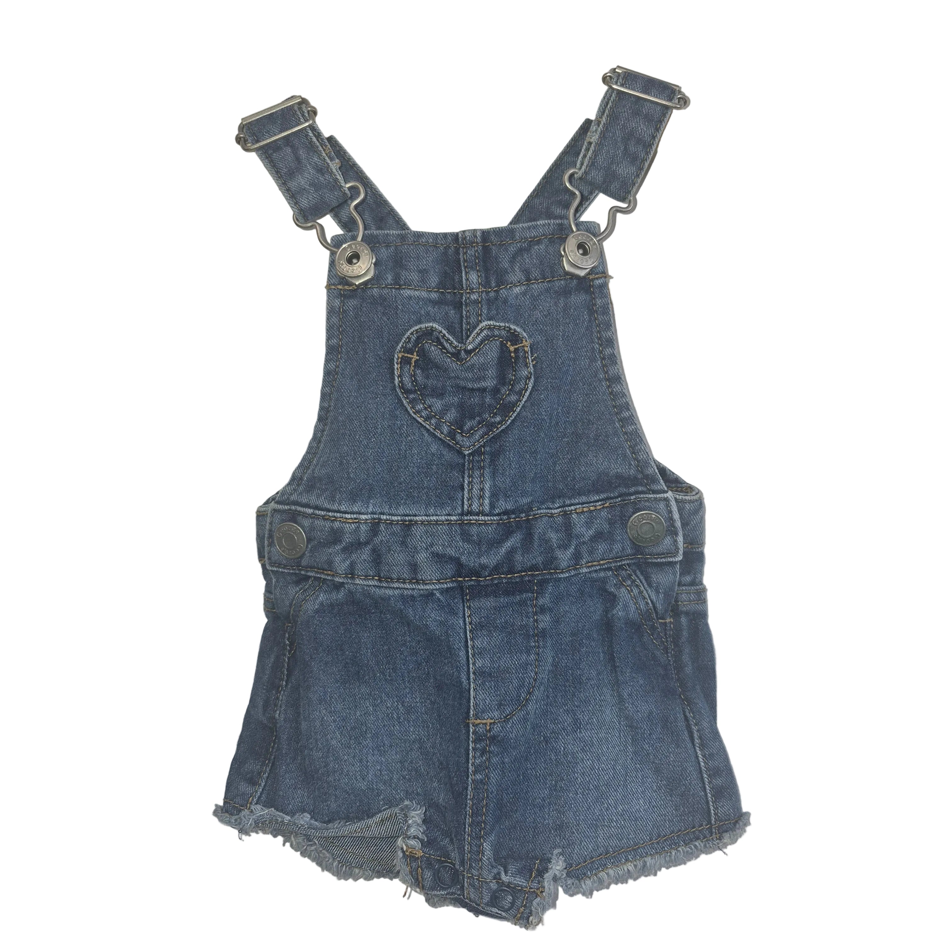Toddler Girls Denim Short Overalls with Heart Detail | Blue Jean Romper Size 0-3 Months