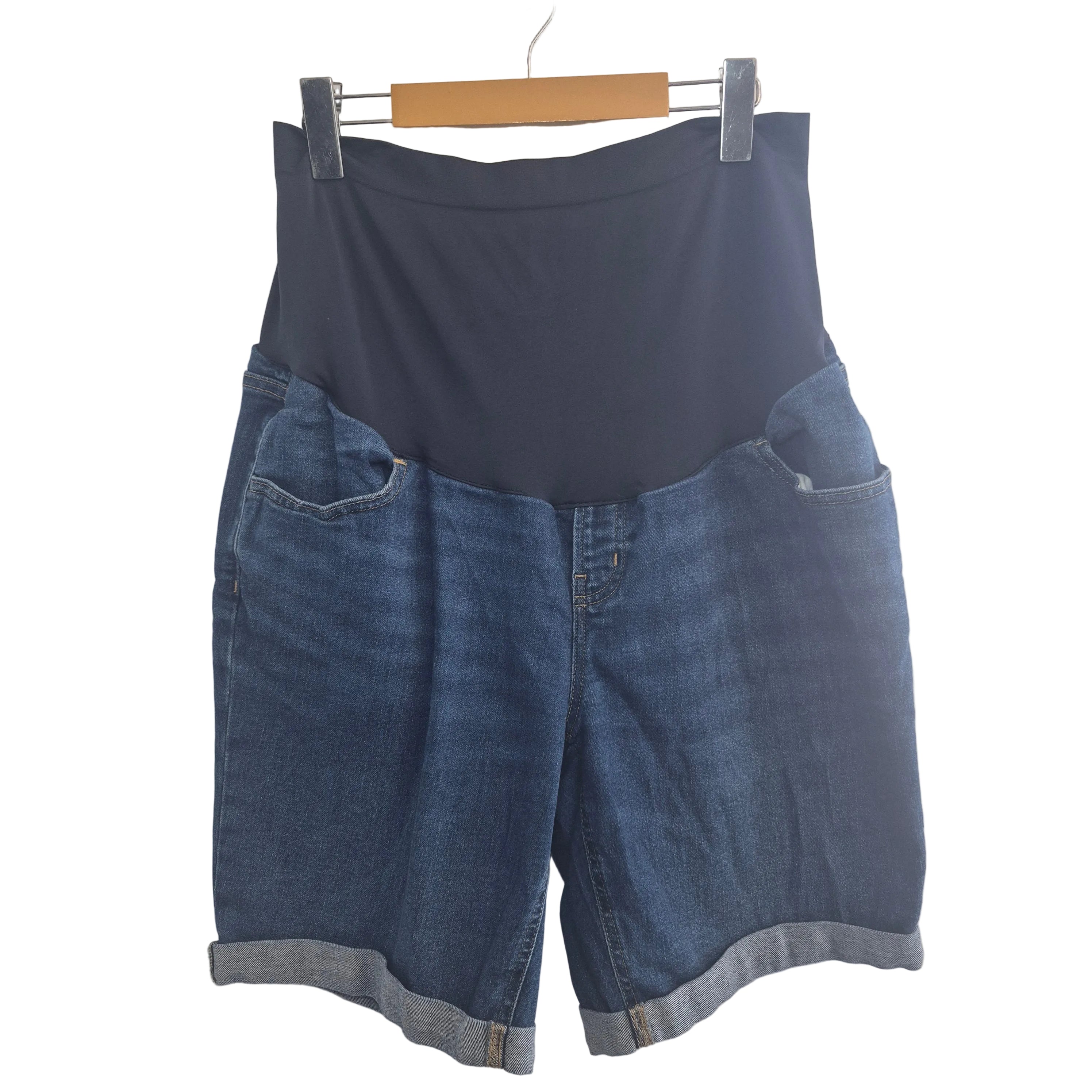 Maternity Paisley Sky Dark Denim Bermuda Shorts with Belly Panel - Size Lg