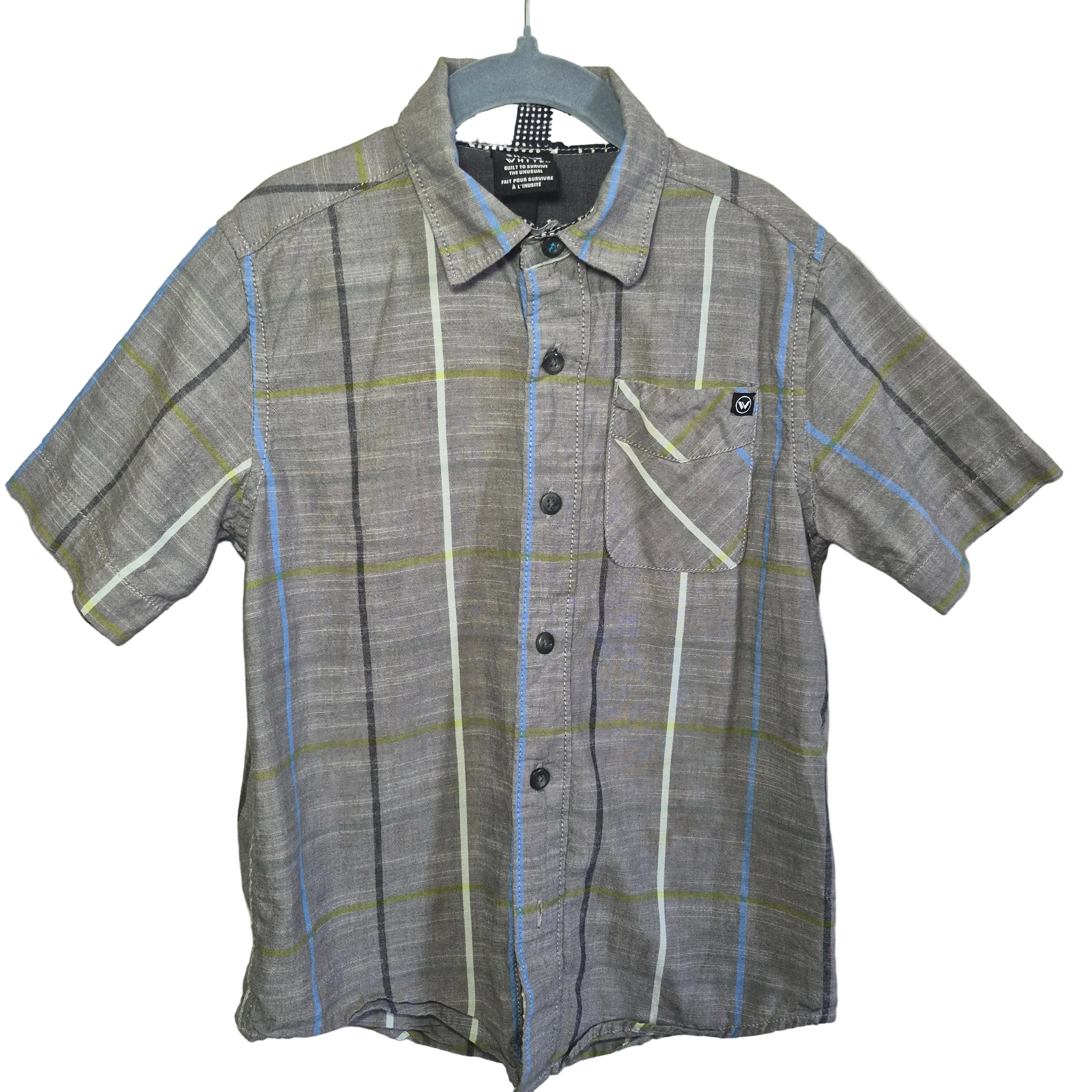 Vissla Boys Plaid Button-Up Shirt | Grey Short Sleeve Collared Shirt Size 4-5