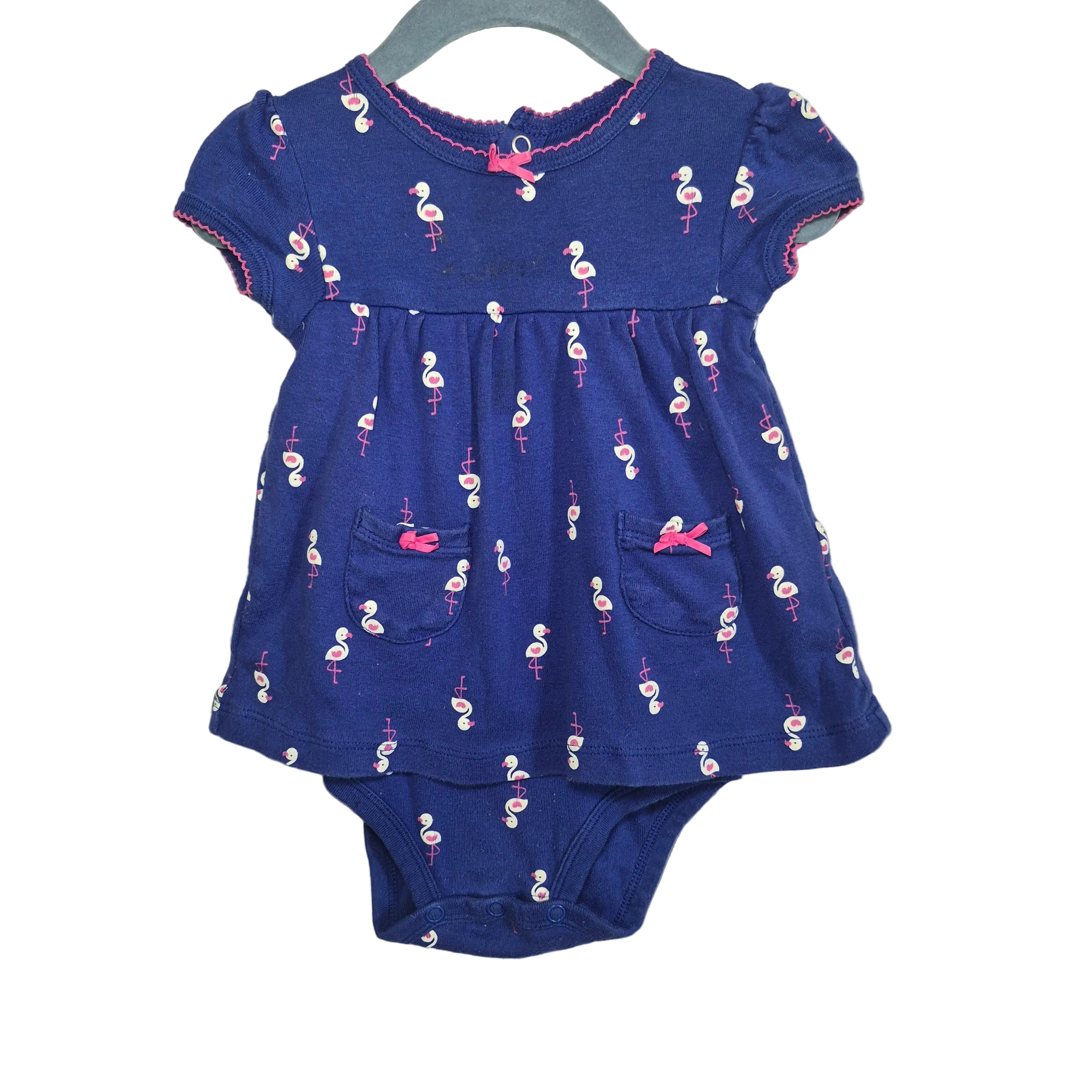 Baby Girls Flamingo Bodysuit Dress | Navy & Pink Size 9 Months