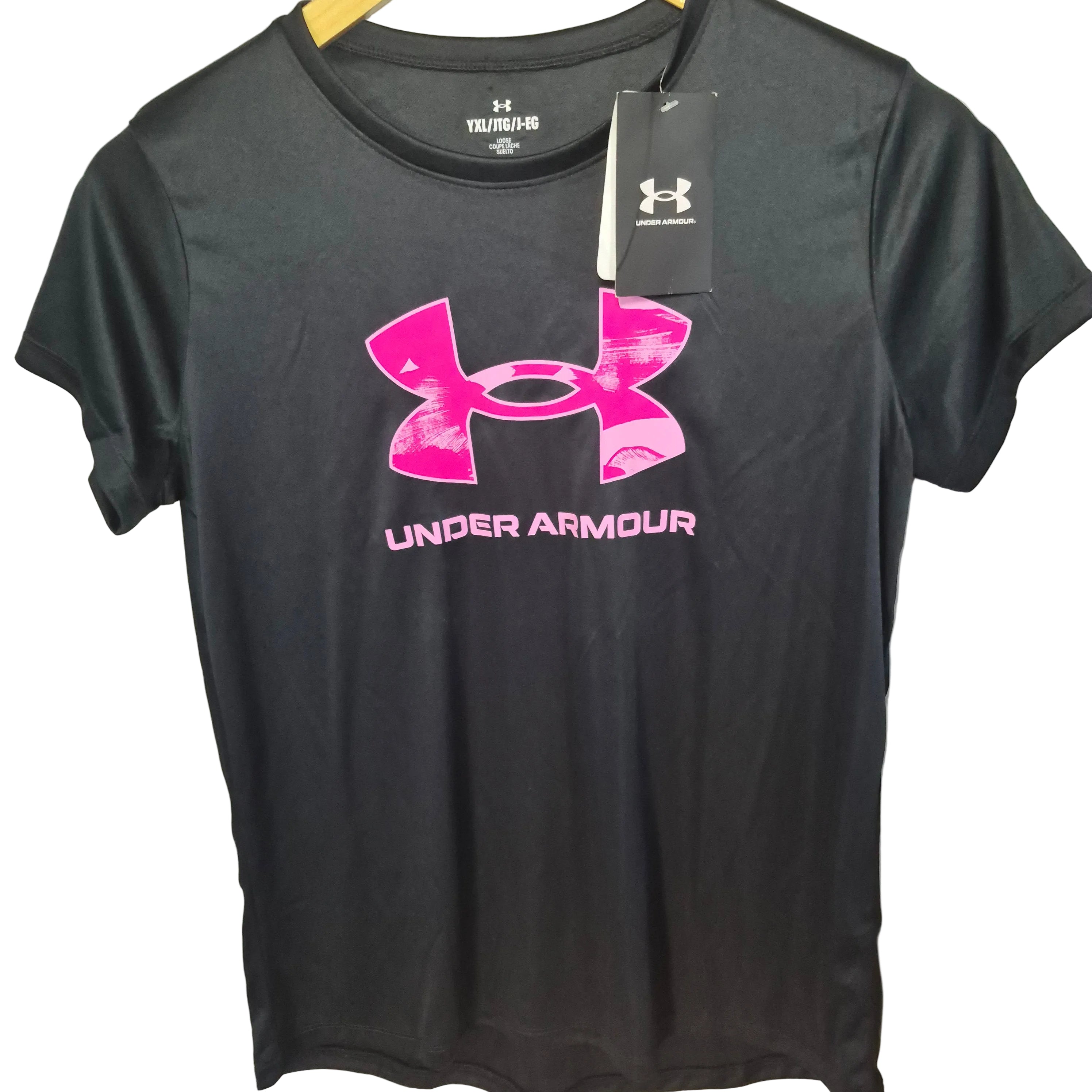 Under Armour Girls HeatGear Graphic Performance T-Shirt – Black/Pink | Youth XL