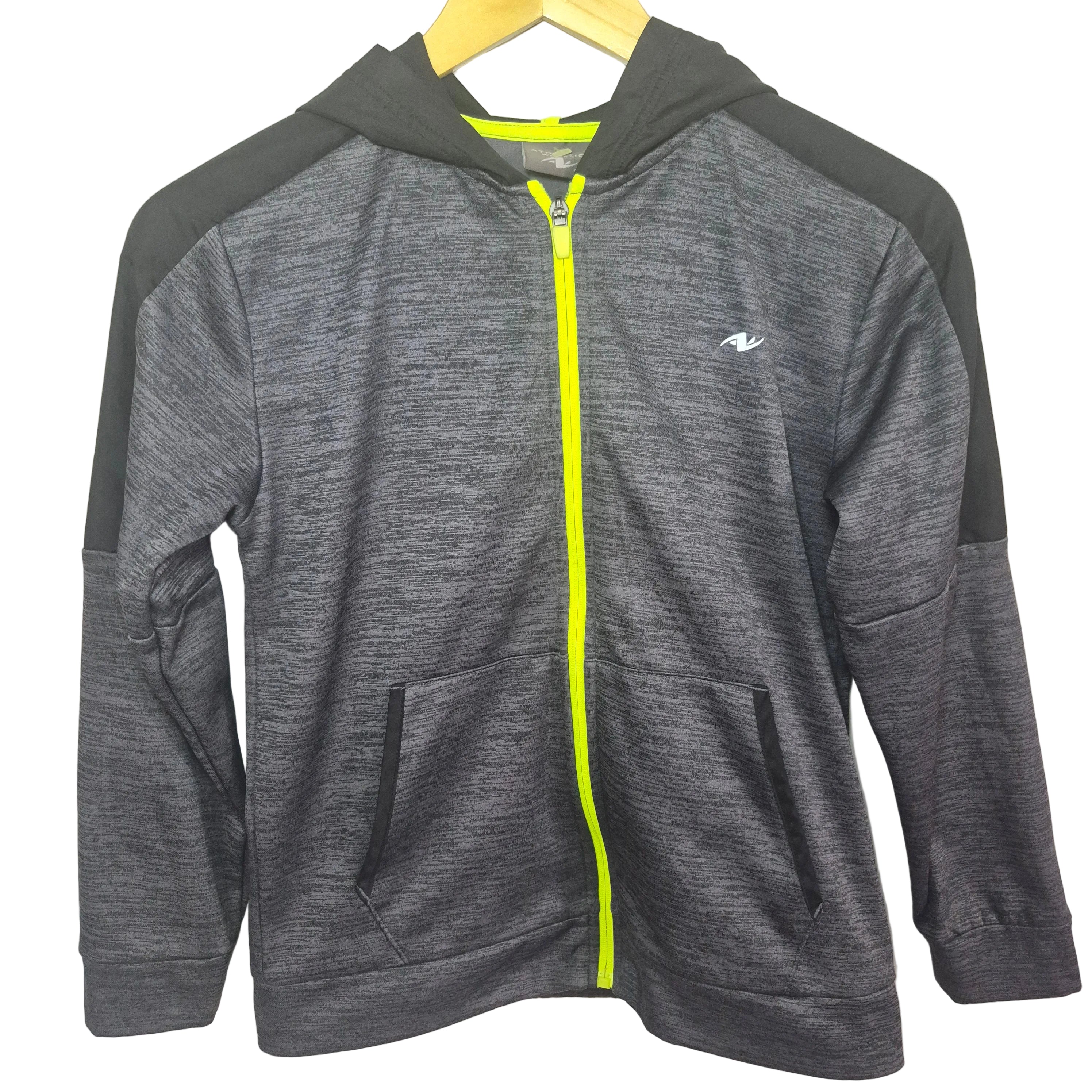 Boys Grey Athletic Zip-Up Hoodie with Neon Yellow Zipper- Size M(7/8)