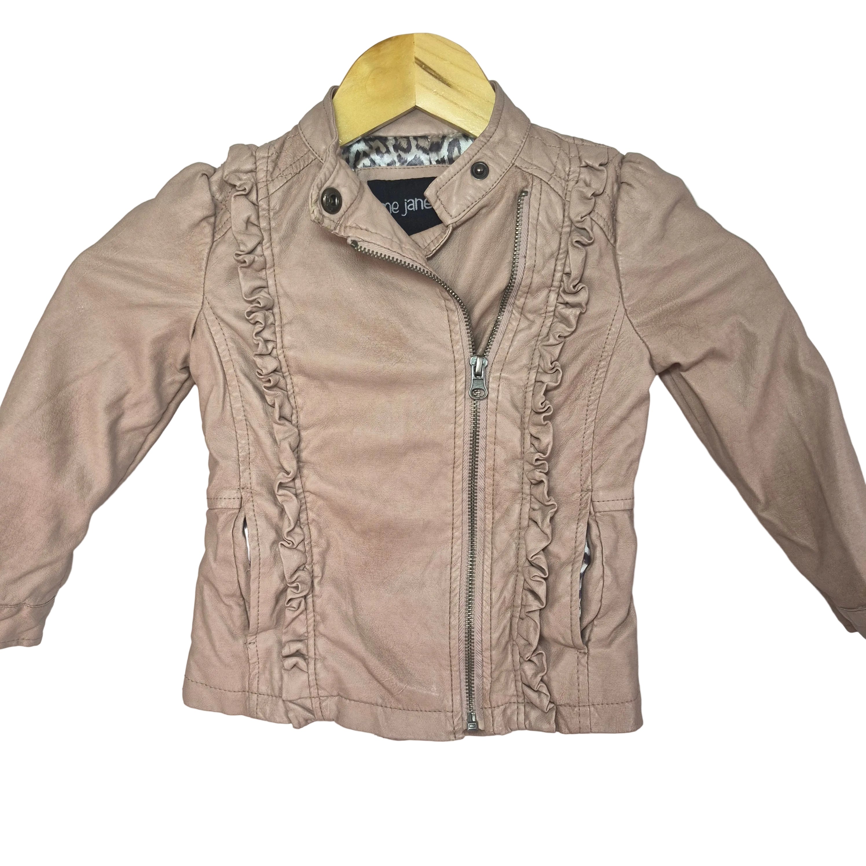 Girls Blush Pink Faux Leather Moto Jacket with Ruffle Detail- Size 3
