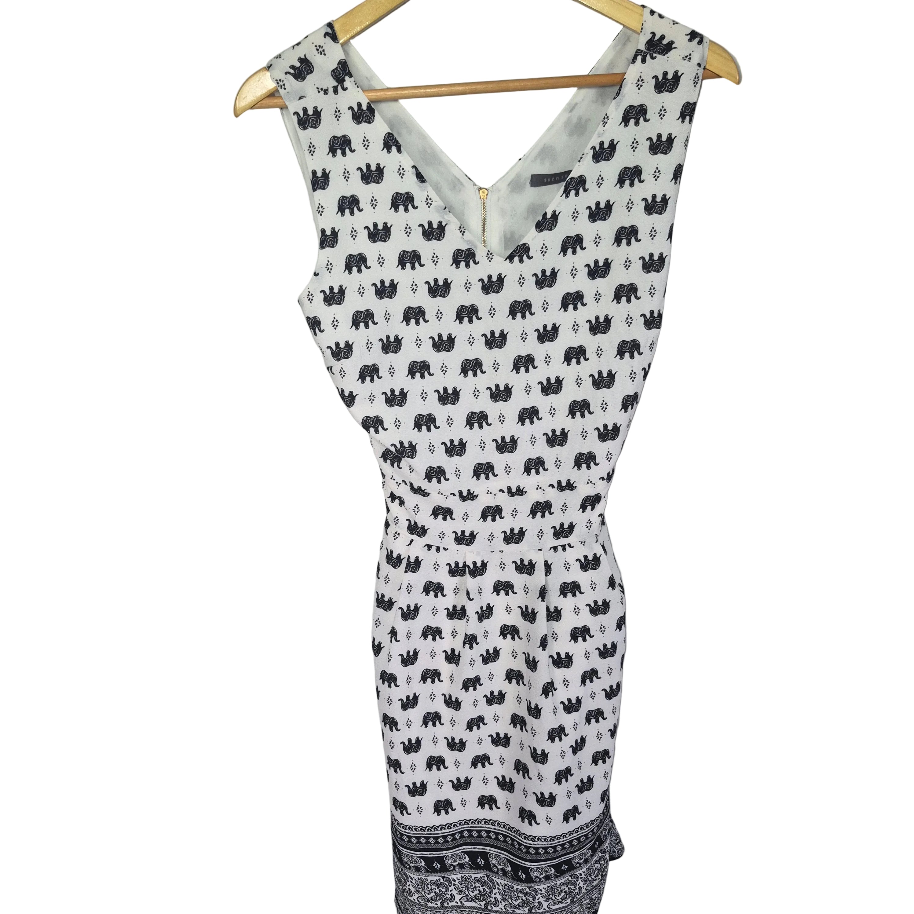 Suzy Shier Black & White Elephant Print Sleeveless Dress- Size M-Lg