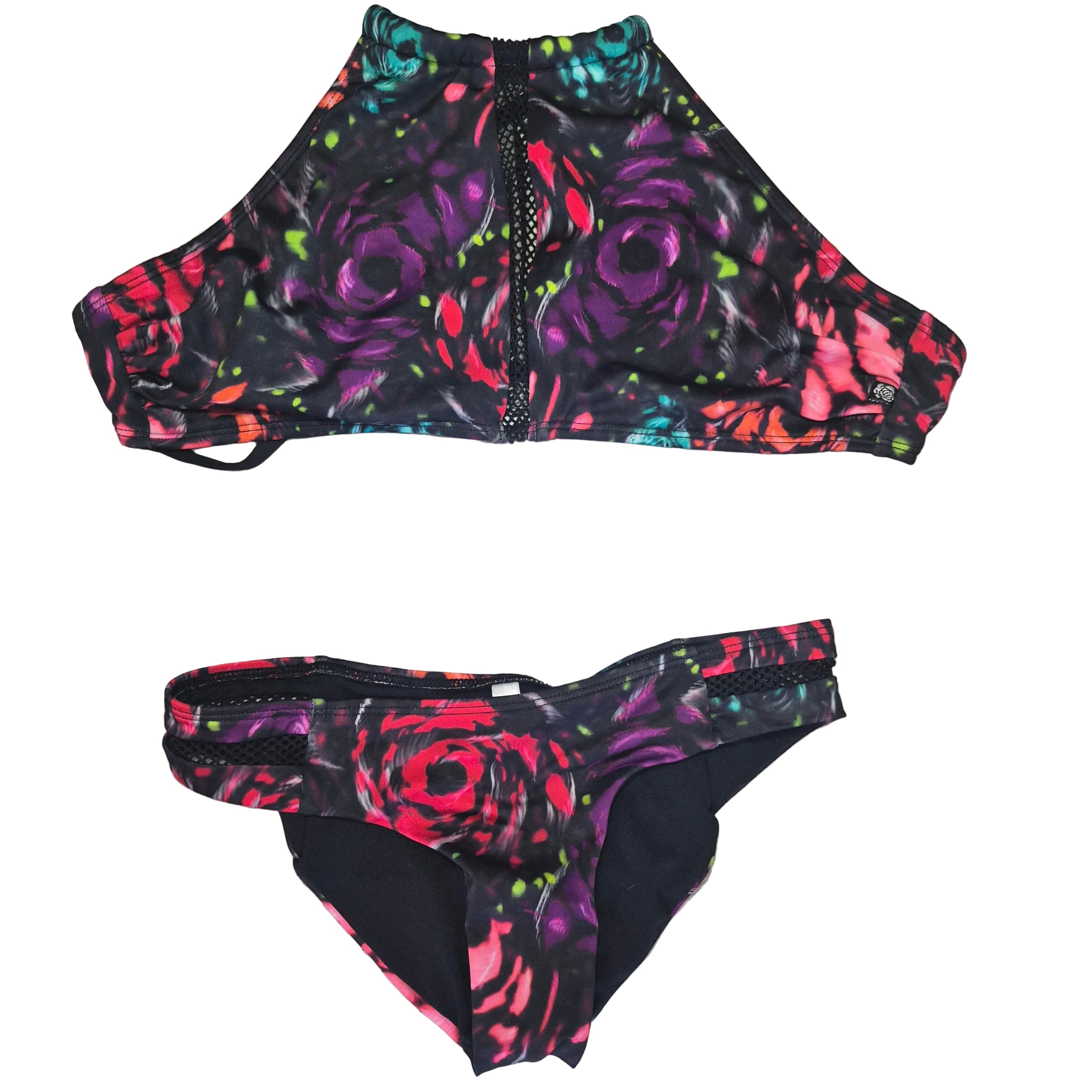 Black Floral High-Neck Bikini Set - Size Large