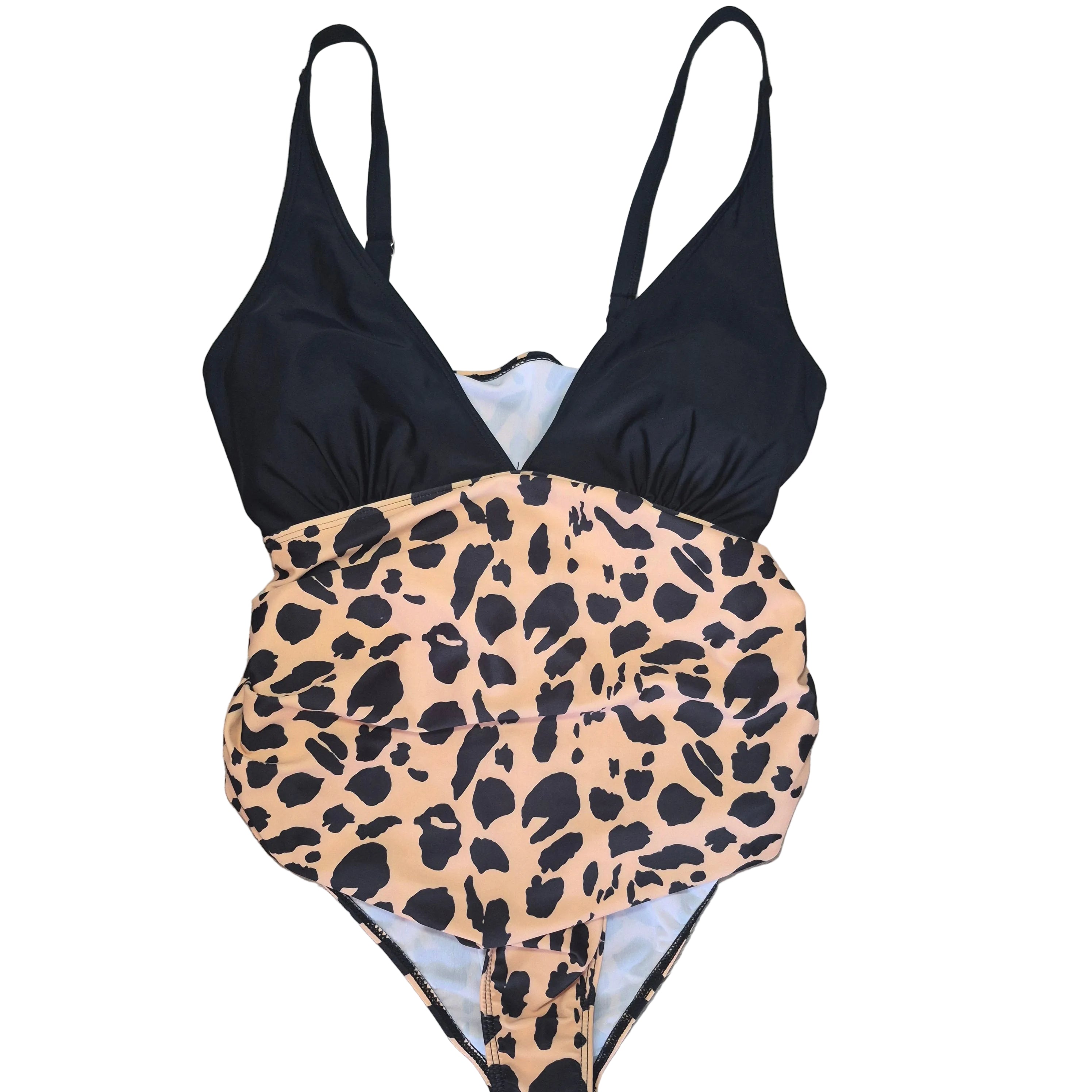 Black & Leopard Print One-Piece Swimsuit - Size Large