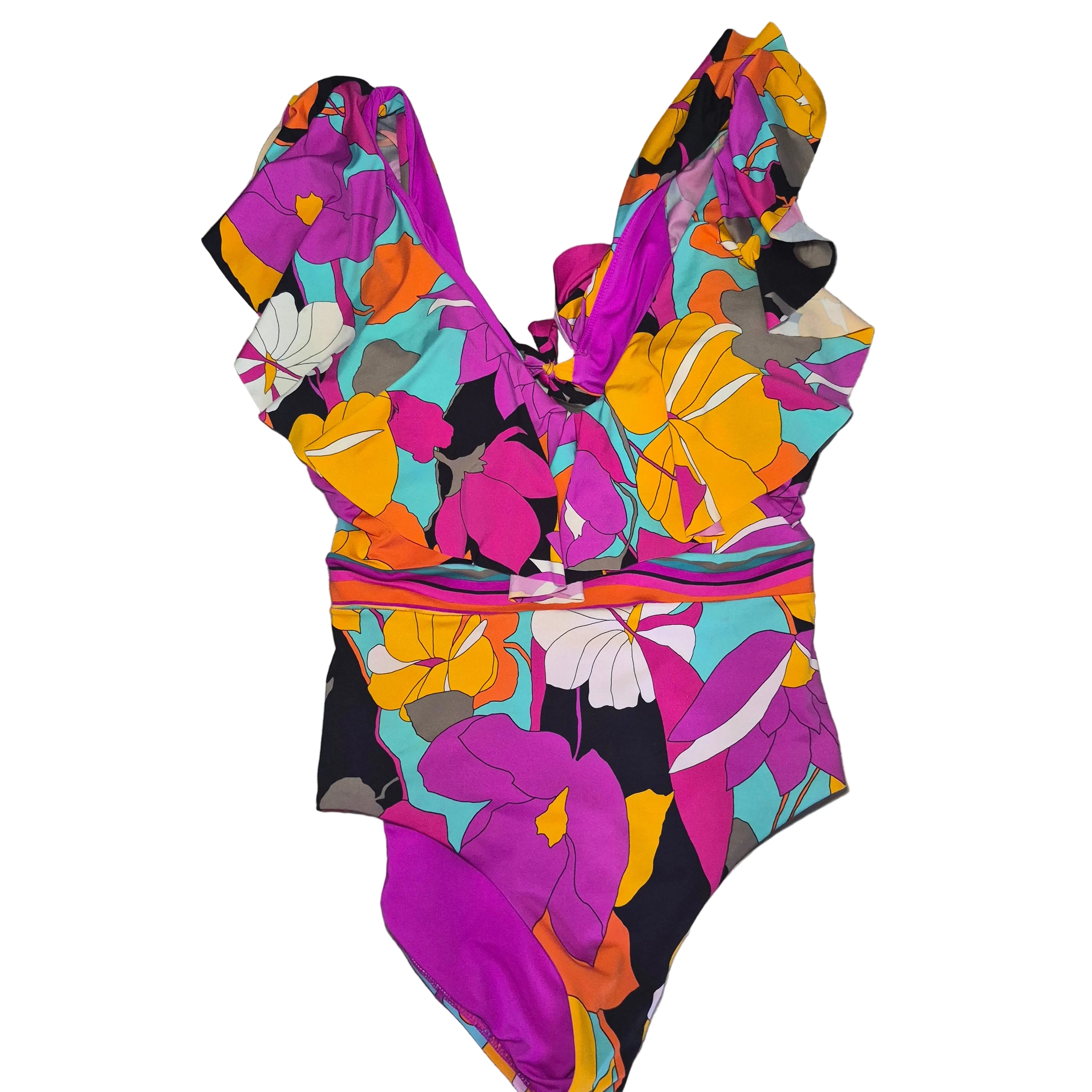 Bold Tropical Floral Ruffle One-Piece Swimsuit - Size Extra Large