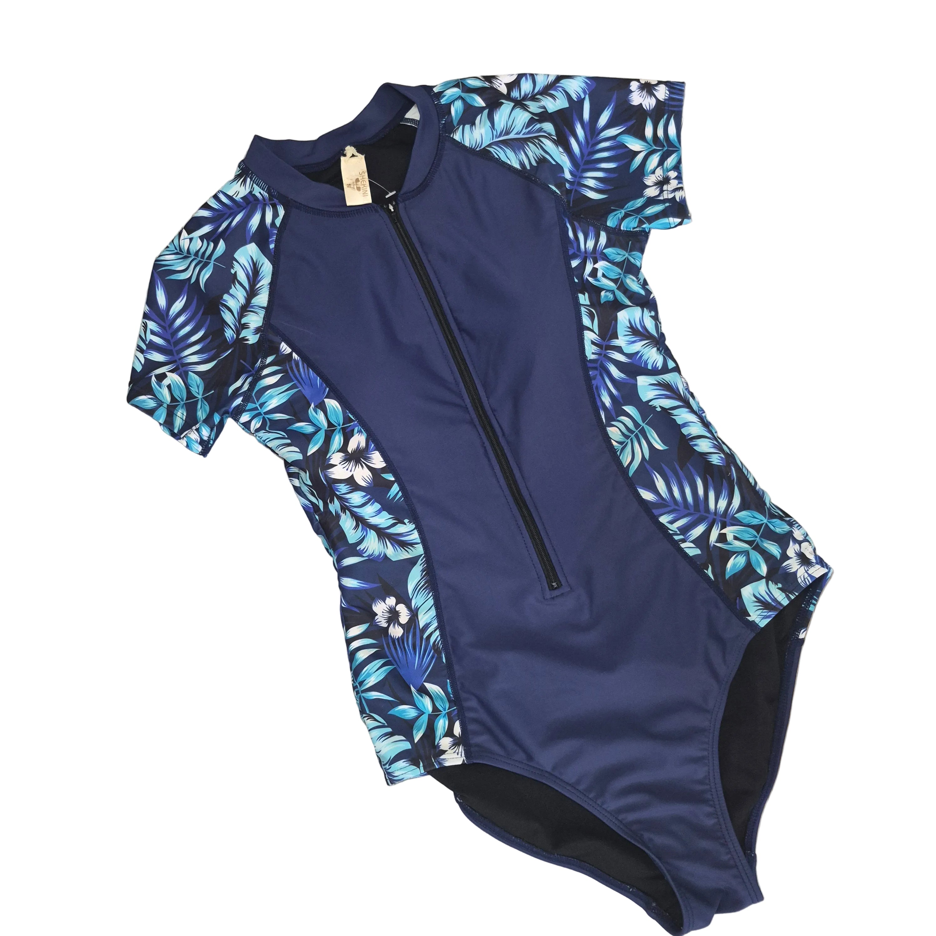 SHEIN Navy Tropical Zip-Front One-Piece Swimsuit - Size sm
